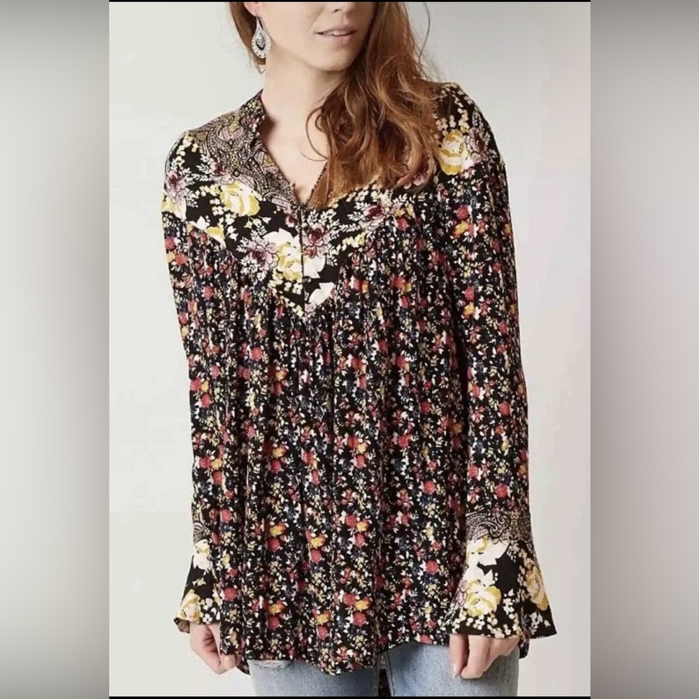 Free People Wildflower Fields Henley Tunic Oversized Boho Flowy Top Blouse XS